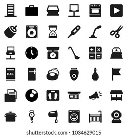 Flat vector icon set - soap vector, sponge, pan, kettle, oil, scales, ladle, mixer, scissors, flag, pie graph, case, clock, document, play button, rca, thermometer, sand, notebook network, mailbox