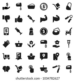 Flat vector icon set - soap vector, cleaner trolley, foam basin, rubber glove, house hold, hand mill, mixer, blender, dollar coin, investment, trainer, muscule, boxing, traking, cargo, touchscreen