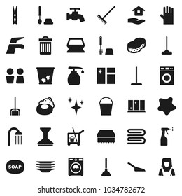 Flat vector icon set - soap vector, plunger, cleaner trolley, water tap, mop, scoop, rake, bucket, clothespin, sponge, towel, trash bin, car fetlock, shining, window cleaning, splotch, toilet brush