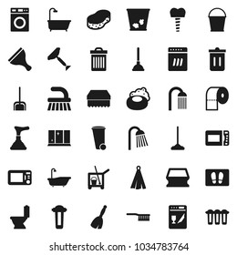 Flat vector icon set - soap vector, plunger, scraper, cleaner trolley, broom, fetlock, mop, scoop, bucket, sponge, trash bin, welcome mat, bath, toilet, washer, shining window, paper, shower, towel