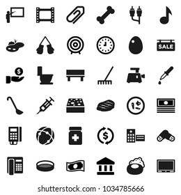 Flat vector icon set - soap vector, rake, sponge, toilet, ladle, sieve, egg, steak, blackboard, music, bank, exchange, cash, investment, clock, target, boxing glove, bone, film frame, rca, syringe