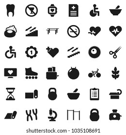 Flat vector icon set - soap vector, toaster, clipboard, bike, weight, horizontal bar, fitball, roller Skates, medal, heart monitor, stairways run, fitness mat, cereals, no alcohol sign, smoking