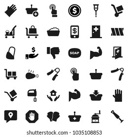 Flat vector icon set - soap vector, cleaner trolley, foam basin, rubber glove, house hold, hand mill, mixer, chicken leg, dollar coin, investment, trainer, muscule, boxing, traking, cargo, crutches