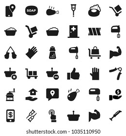 Flat vector icon set - soap vector, foam basin, rubber glove, house hold, hand mill, mixer, chicken leg, investment, trainer, muscule, boxing, traking, cargo, touchscreen, finger up, crutches