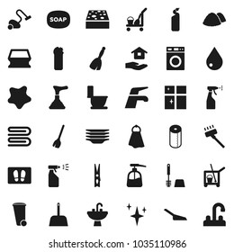 Flat vector icon set - soap vector, plunger, cleaner trolley, broom, water tap, vacuum, scoop, clothespin, sponge, towel, trash bin, drop, shining, splotch, welcome mat, toilet, brush, washer, paper