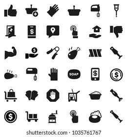Flat vector icon set - soap vector, cleaner trolley, foam basin, rubber glove, house hold, hand mill, mixer, blender, chicken leg, dollar coin, investment, trainer, muscule, boxing, traking, cargo