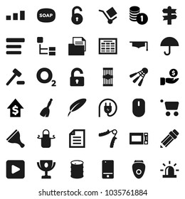 Flat vector icon set - soap vector, scraper, broom, apron, microwave oven, pasta, graduate hat, pen, pencil, schedule, award cup, document, investment, dollar growth, coin stack, hand trainer, cargo