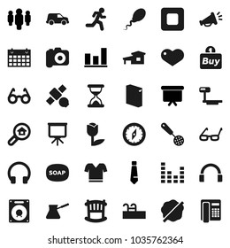 Flat vector icon set - soap vector, splotch, washing powder, skimmer, turk coffee, glasses, compass, presentation, graph, man, board, tie, t shirt, calendar, run, satellite, car, tulip, big scales