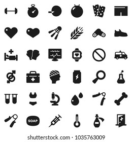 Flat vector icon set - soap vector, barbell, stopwatch, hand trainer, fitball, snickers, boxing glove, shorts, swimsuite, enegry drink, heart monitor, cereals, breads, shuttlecock, prohibition sign