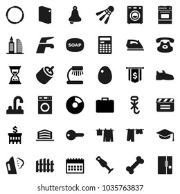 Flat vector icon set - soap vector, water tap, iron, steaming, drying clothes, washer, washing powder, oven, blender, egg, graduate hat, bell, table lamp, calculator, pie graph, case, bank building