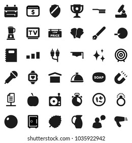 Flat vector icon set - soap vector, fetlock, shining, cook timer, jug, dish, copybook, graduate hat, pen, backpack, microscope, award cup, magnet, leaf, target, safe, dollar calendar, diet, fitball