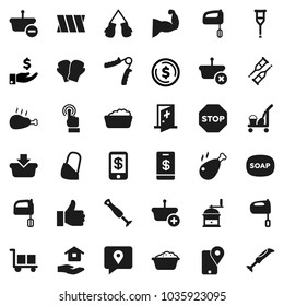 Flat vector icon set - soap vector, cleaner trolley, foam basin, house hold, hand mill, mixer, chicken leg, dollar coin, investment, trainer, muscule, boxing glove, traking, cargo, touchscreen, stop