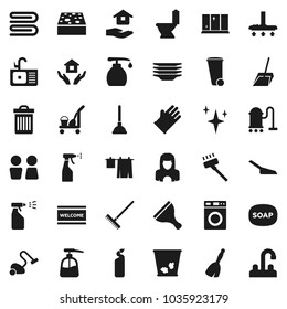 Flat vector icon set - soap vector, plunger, scraper, cleaner trolley, broom, vacuum, scoop, rake, sponge, towel, trash bin, shining, welcome mat, toilet, drying clothes, washer, liquid, sprayer