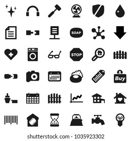 Flat vector icon set - soap vector, water drop, tap, shining, washer, kettle, meat hammer, glasses, document, molecule, graph, arrow down, calendar, port, protected, barcode, camera, headphones, buy