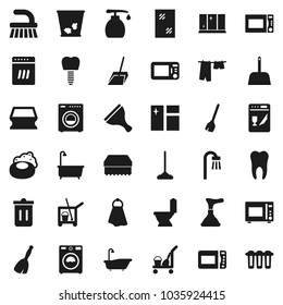 Flat vector icon set - soap vector, plunger, scraper, cleaner trolley, broom, fetlock, mop, scoop, sponge, towel, trash bin, window cleaning, bath, toilet, drying clothes, washer, liquid, shining