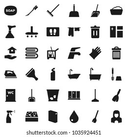 Flat vector icon set - soap vector, plunger, scraper, cleaner trolley, broom, water tap, vacuum, mop, scoop, rake, sponge, towel, trash bin, drop, car fetlock, window cleaning, welcome mat, iron