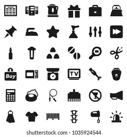 Flat vector icon set - soap vector, plunger, towel, iron, kettle, mixer, blender, cereal, oil, case, calculator, schedule, jump rope, t shirt, no alcohol sign, traffic light, cargo search, settings