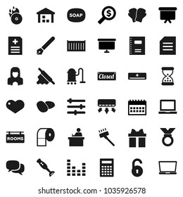 Flat vector icon set - soap vector, vacuum cleaner, toilet paper, woman, rolling pin, blender, potato, copybook, pen, student, calculator, notebook pc, document, money search, presentation board