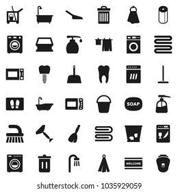 Flat vector icon set - soap vector, scraper, cleaner trolley, broom, fetlock, mop, scoop, bucket, sponge, towel, trash bin, welcome mat, bath, drying clothes, washer, liquid, toilet paper, tooth