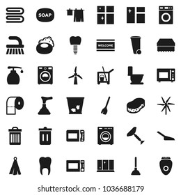 Flat vector icon set - soap vector, plunger, scraper, cleaner trolley, broom, fetlock, scoop, sponge, towel, trash bin, window cleaning, welcome mat, toilet, drying clothes, washer, liquid, shining