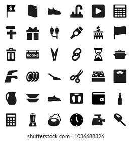 Flat vector icon set - soap vector, water tap, scoop, clothespin, sponge, trash bin, washing powder, pan, plates, jug, oil, scissors, flag, wallet, bank building, calculator, clock, sand, dollar