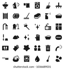 Flat vector icon set - soap vector, broom, vacuum cleaner, fetlock, scoop, rake, sponge, trash bin, water drop, shining, splotch, welcome mat, steaming, drying clothes, toilet brush, washer, sprayer