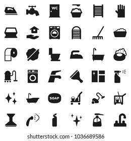 Flat vector icon set - soap vector, scraper, cleaner trolley, water tap, vacuum, rake, sponge, car fetlock, shining, window cleaning, splotch, iron, steaming, bath, toilet, washer, foam basin, agent