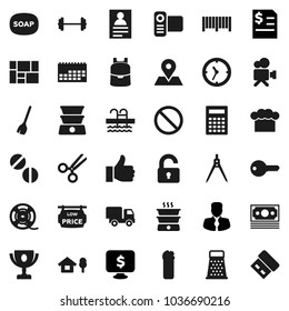 Flat vector icon set - soap vector, broom, cleaning agent, cook hat, grater, drawing compass, backpack, calculator, award cup, personal information, manager, annual report, monitor dollar, barbell