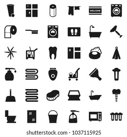 Flat vector icon set - soap vector, scraper, cleaner trolley, fetlock, scoop, bucket, sponge, towel, trash bin, window cleaning, welcome mat, bath, toilet, drying clothes, washer, liquid, shining