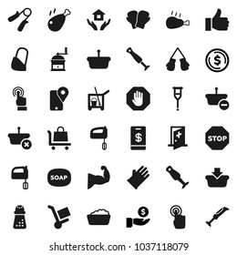 Flat vector icon set - soap vector, cleaner trolley, foam basin, rubber glove, house hold, hand mill, mixer, blender, chicken leg, dollar coin, investment, trainer, muscule, boxing, traking, bandage