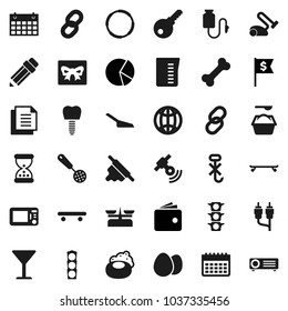 Flat vector icon set - soap vector, scoop, washing powder, measuring cup, skimmer, rolling pin, egg, pencil, pie graph, wallet, dollar flag, skateboard, calendar, bone, hoop, traffic light, document