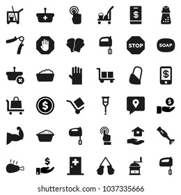 Flat vector icon set - soap vector, cleaner trolley, foam basin, rubber glove, house hold, hand mill, mixer, blender, chicken leg, dollar coin, investment, trainer, muscule, boxing, traking, cargo