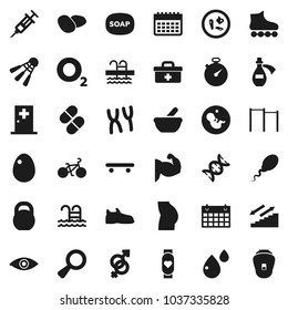 Flat vector icon set - soap vector, egg, potato, stopwatch, bike, weight, horizontal bar, muscule hand, buttocks, snickers, roller Skates, skateboard, heart monitor, calendar, stairways run, pool