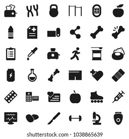 Flat vector icon set - soap vector, potato, diet, barbell, clipboard, horizontal bar, shorts, roller Skates, sports nutrition, enegry drink, molecule, water bottle, fitness mat, heart monitor, cross