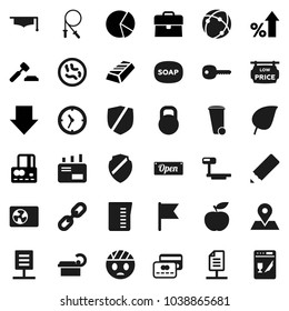 Flat vector icon set - soap vector, trash bin, measuring cup, graduate hat, pencil, flag, leaf, gold ingot, pie graph, credit card, percent growth, case, auction, arrow down, diet, jump rope, clock