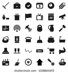 Flat vector icon set - soap vector, scoop, rake, bath, skimmer, meat hammer, jug, pasta, case, telescope, certificate, flag, constellation, arrow up, dollar calendar, weight, muscule hand, cereals