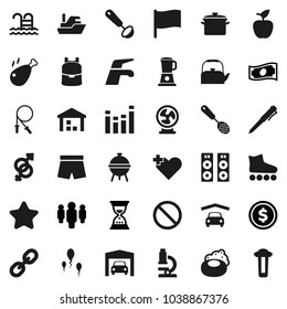 Flat vector icon set - soap vector, water tap, pan, kettle, skimmer, ladle, bbq, chicken leg, backpack, apple fruit, pen, microscope, flag, dollar coin, cash, man, sand clock, jump rope, shorts, fan