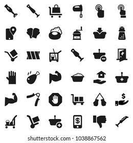 Flat vector icon set - soap vector, cleaner trolley, foam basin, rubber glove, house hold, hand mill, mixer, blender, chicken leg, investment, trainer, muscule, boxing, traking, cargo, touchscreen