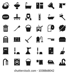 Flat vector icon set - soap vector, plunger, scraper, cleaner trolley, vacuum, fetlock, scoop, rake, bucket, clothespin, sponge, trash bin, car, window cleaning, splotch, iron, bath, drying clothes