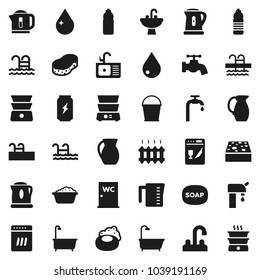 Flat vector icon set - soap vector, bucket, sponge, water drop, tap, bath, foam basin, closet, sink, kettle, measuring cup, double boiler, jug, enegry drink, bottle, pool, supply, heating