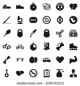 Flat vector icon set - soap vector, liquid, egg, potato, microscope, stadium, stopwatch, clipboard, bike, weight, horizontal bar, muscule hand, snickers, boxing glove, roller Skates, heart monitor