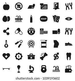 Flat vector icon set - soap vector, egg, diet, weight, hand trainer, punching bag, buttocks, snickers, skateboard, target, medal, pills, sports nutrition, molecule, fitness mat, breads, pool, doctor