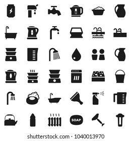 Flat vector icon set - soap vector, scraper, bucket, sponge, water drop, tap, bath, foam basin, sprayer, shower, closet, kettle, measuring cup, double boiler, jug, enegry drink, bottle, pool, supply