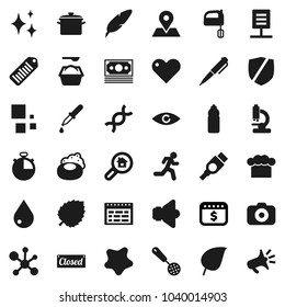 Flat vector icon set - soap vector, water drop, shining, splotch, washing powder, pan, cook hat, skimmer, mixer, pen, schedule, molecule, leaf, dollar calendar, stopwatch, bottle, run, map pin, hdmi