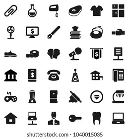 Flat vector icon set - soap vector, shining window, rolling pin, cookbook, steak, pen, table lamp, bank, dollar flag, monitor, measuring, snickers, boxing glove, microphone, antenna, gamepad, flask
