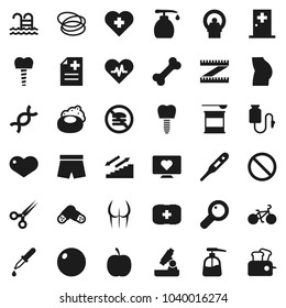 Flat vector icon set - soap vector, liquid, microscope, diet, measuring, bike, fitball, buttocks, shorts, sports nutrition, stairways run, pool, prohibition sign, no fastfood, heart monitor, cross