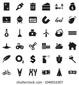 Flat vector icon set - soap vector, plunger, vacuum cleaner, clothespin, trash bin, window cleaning, sprayer, towel, bbq, cake, chicken leg, pen, glasses, alarm clock, magnet, money bag, dollar sign