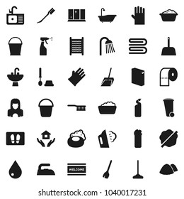 Flat vector icon set - soap vector, broom, fetlock, mop, scoop, bucket, towel, trash bin, water drop, car, splotch, welcome mat, iron, steaming, bath, toilet brush, foam basin, washing powder, paper