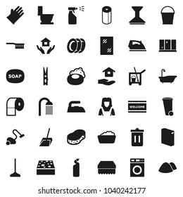 Flat vector icon set - soap vector, cleaner trolley, vacuum, fetlock, mop, scoop, bucket, clothespin, sponge, trash bin, car, window cleaning, welcome mat, iron, bath, toilet, washer, foam basin