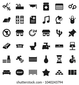 Flat vector icon set - soap vector, toilet, oil, apron, graduate hat, table lamp, paper pin, music, gold ingot, sand clock, calendar, fitness mat, no alcohol sign, office, sea container, satellitie